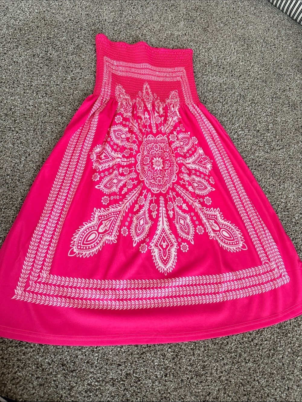 VENUS Hot Pink Strapless Smocked A-Line Dress with White Medallion Print